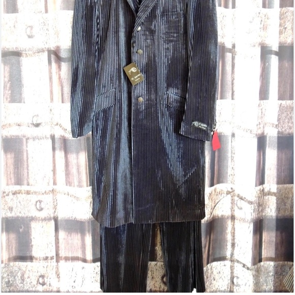 Men’s Black Velvet Pinstripe 2PC Long Coat  Suit - Picture 11 of 11